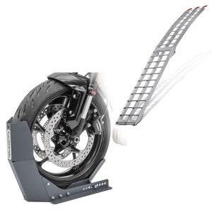 Set: Auffahrrampe bis 340 kg Alu-II Rollschutz + Transportständer Easy-Fix Motorradwippe bis 21 Zoll grau_1