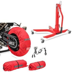Set: Reifenwärmer Set 30-99°C Digital für vorne hinten rot + Zentralständer ohne Adapterplatte in rot heber Power-Classic_1
