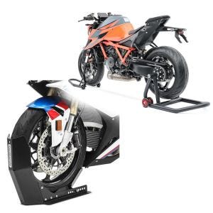 Set: Sided Paddock Stand Set compatible with KTM 1290 Super Duke / R 14-23 rear front + Wheel Chock Easy-Fix Front Stand up to 21 Inch 
