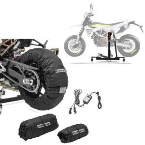 Set: Zentralständer Husqvarna 701 Supermoto 15-21 Motorradheber Power-Evo + Reifenwärmer Set Snaefell 30-99°C Digital für Vorderrad und Hinterrad_1