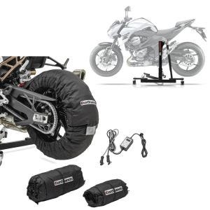 Set: Central Stand compatible with Kawasaki Z 800/e 13-16 Paddock Stand Power-Evo + Tyre Warmers Set Snaefell 30-99°C digital for front and rear wheel 