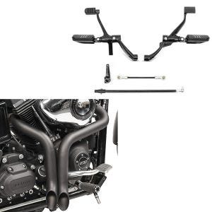 Set: Vorverlegte Fußrastenanlage für Harley Sportster 883 Iron 14-20 + Auspuff Drag Pipe Endschalldämpfer Harley Sportster Dyna Softail_1