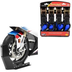Set: Wheel Chock ConStands Easy-Fix Front Stand up to 21 Inch black + Motorbike Straps Set ConStands with ratchet and hooks incl 4x load loops in blue