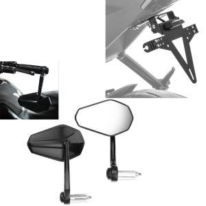 Set: Motorcycle Bar end mirrors ECE / rear view mirror SP6 pair Zaddox with Number plate holder KH4 + LED light