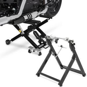 Set: Motorbike Scissor Lift Mid-lift XL 500kg in blk ConStands with Wheel balancer for motorcycle WU-2 Tire balancer blk