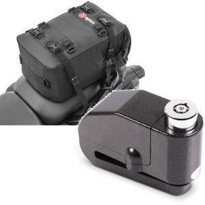 Set: Motorcycle Tail bag KH2 Backpack 20L Litres blk Bagtecs with Alarm Brake Disc Lock 120dB blk