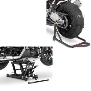 Set: Motorbike Tyre Warmers Laguna Seca 60-80°C for wheel 17" blk ConStands with Scissor Lift Mid-lift L 680kg blk