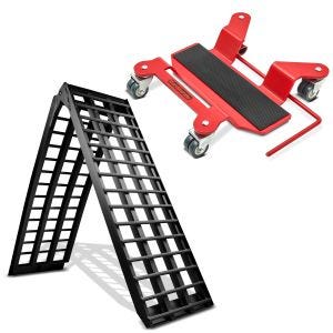 Set: Alu Loading Ramp V blk, max. 680 kg, folding, for Motorcycle ConStands with Motorcycle Centre Stand Mover Dolly red