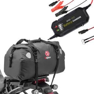 Set: Motorcycle tail bag XF60 wp. Volume 60l Bagtecs with Motorcycle battery charger BC2 Fully automatic 12V / 1,500mA