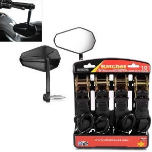 Set: Motorcycle Bar end mirrors ECE / rear view mirror SP6 pair Zaddox with Motorbike Straps 4x load loops blk
