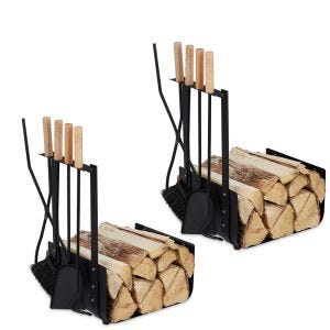 Set 2x Firewood basket with fireplace cutlery 4-piece metal Divit fireplace accessories with shovel, ash brush, tongs and poker ME100 black
