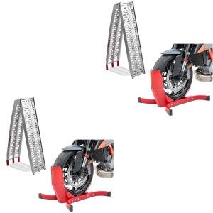 2x Set: aluminium loading ramp max. 340 kg folding for scooter quad ATV + Wheel Chock Easy-Plus Front Stand up to 21 Inch red