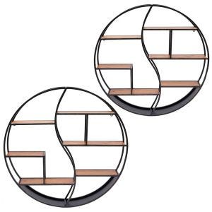 Set of 2 Wall shelf round wood with metal frame Divit floating shelf with 6 shelves 68cm diameter RE15 black