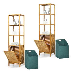 2x Bamboo shelf with laundry basket Divit BW1 bathroom tall cabinet