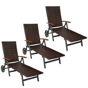 Set of 3 folding garden loungers Divit RB71 sun lounger on wheels aluminum polyrattan adjustable black