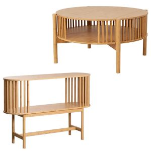 Bamboo console table with 2 shelves + round bamboo coffee table