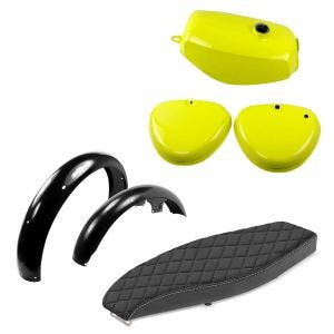 Petrol Tank compatible with Simson S51 / S50 / S70 with side cover Craftride yellow + Mudguard front + rear fenders + mud flaps Fender + Flat seat VS2 black