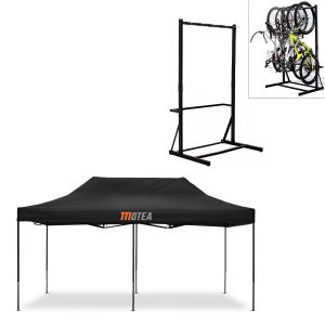 Set: Racing tent 3x6m foldable Tourtecs for the race track MOTEA black + free-standing bike rack for 5 bikes StahlRI98