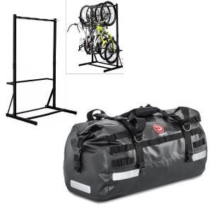 Set: Bicycle stand freestanding for 5 bikes StahlRI98 + rear bag Drybag XB50 volume 50l
