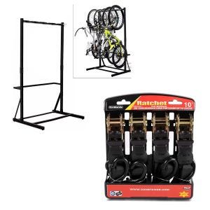 Set: Freestanding bike rack for 5 bikes StahlRI98 + tensioning strap set with ratchet and hooks including 4x lashing loops in black