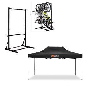 Set: Freestanding bike rack for 5 bikes StahlRI98 + Racing tent 3x4.5m foldable folding pavilion for the race track MOTEA black