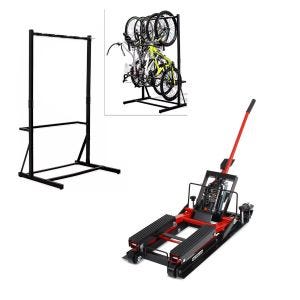 Set: Freestanding bike rack for 5 bikes StahlRI98 + Mid-lift L lifting platform suitable for choppers up to 680 kg in red