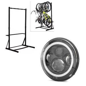 Set: Bicycle stand freestanding for 5 bikes StahlRI98 + LED headlight 7" suitable for Harley Davidson FS7 black