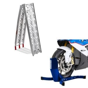 Set: aluminium loading ramp max. 340 kg folding for scooter quad ATV + Wheel Chock Easy-Plus Front Stand up to 21 Inch blue