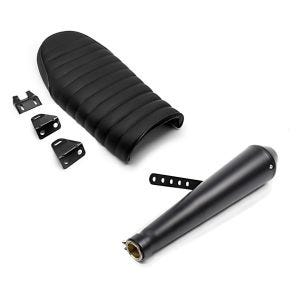 Set: Exhaust Muffler Cone Rear Silencer Caferacer universal + Seat for Cafe Racer or Scrambler Rebuilding Flat 