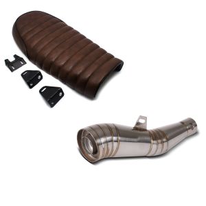 Set: Auspuff GP Schalldämpfer Edelstahl Universal mit DB-Killer + Sitzbank für Cafe-Racer oder Scrambler Umbau Flat braun_1
