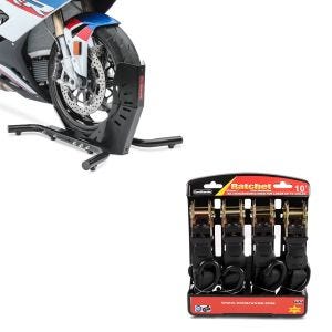 Set: Wheel Chock Easy-Evo in Front Stand + Straps Set with ratchet and hooks incl 4x load loops in 