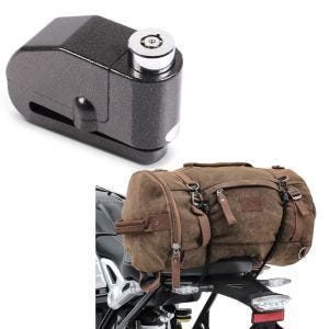 Set: Tail Bag Vintage 25L Canvas Backpack Duffle Roll Bag brown + Alarm Brake Disc Lock 110dB BS-Motoparts Theft protection