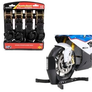 Set: Front Wheel Chock Easy Plus Paddock Stand up to 21" wheels + Straps Set with ratchet and hooks incl 4x load loops in 