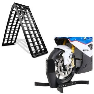 Set: Aluminium Loading Ramp V , max. 680 kg, folding, for + Wheel Chock Easy-Plus Front Stand up to 21 Inch -matt