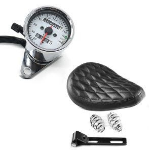 Set: Solo Seat Diamond Contoured with springs for Custombikes in + Tachometer Speedometer CMS 