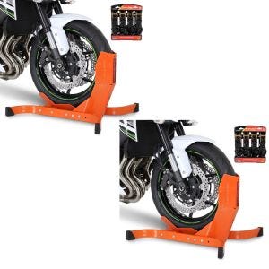 2x Motorcycle Front Wheel Chock Set orange with ratchet straps hooks ConStands Easy Plus Discount Set