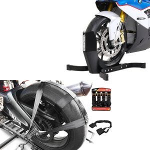 Set: Rear wheel and handlebar tie-down strap set with 4x ratchet belt + Wheel Chock Easy-Plus Front Stand up to 21 Inch -matt