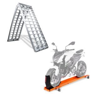 Set: Aluminium Loading Ramp V, max. 680 kg, folding + Dolly Mover with Wheel Chock Smart-Mover max 450 kg orange