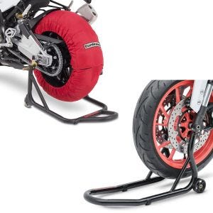 Set: Tyre Warmers Set 60-80°C for front and rear wheel 17 Inch in red + Paddock Stand Front Fork