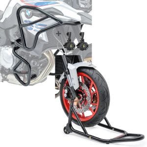Set: Set Sturzbügel XL + Scheinwerfer für BMW F 850 GS / F 750 GS 18-21 + Montageständer Vorderrad mit gummierten Aufnahmen Motorradheber vorne_1