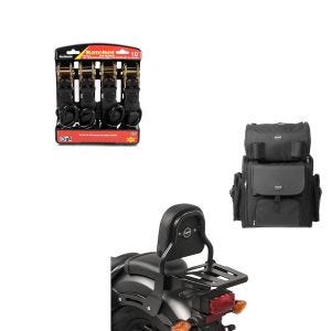 Set: Sissy Bar XS3 + Tail Bag compatible with Honda Rebel 500 CMX 17-21 with rear rack + Straps Set with ratchet and hooks incl 4x load loops in 