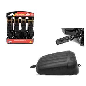 Set: Soziussitz Set für Harley Softail Street Bob 18-20 mit Fußrasten + Spanngurt Set mit Ratsche und Haken inkl 4x Zurrschlaufe in schwarz_1