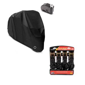 Set: Set tarpaulin cover XL + Alarm brake disc lock Tourtecs + Straps Set with ratchet and hooks incl 4x load loops in