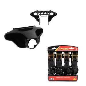 Set: Batwing Fairing fits for Harley Davidson Electra Glide Standard 96-10 Craftride Inner and Outer black + Motorbike Straps Set ConStands with ratchet and hooks incl 4x load loops in black