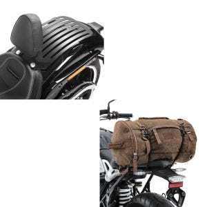 Set: Set Fahrer Rückenlehne Gepäckträger für Harley Breakout / 114 18-20 + Hecktasche Vintage 35L Canvas Rucksack Gepäckrolle braun_1
