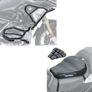 Set: Engine Guard Set compatible with BMW R 1250 GS 19-23 XL8 upper and lower part + Air cushion Tourtecs Air Deluxe M Comfort seat cushion in 