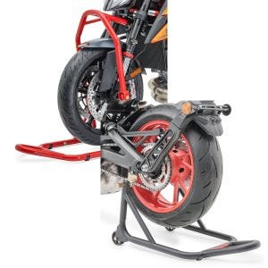 Set: Head Lift Stand Classic 5 PIN Front Paddock Stand red + Rear Paddock Stand ST Racing mat