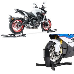Set: Paddock Stand Set Rear and Front MV2 Dolly Mover + Wheel Chock Easy-Plus Front Stand up to 21 Inch -matt