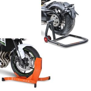 Set: swing arm paddock stand compatible with KTM 1290 Super Duke / R 14-23 -One + Wheel Chock Easy-Plus Front Stand up to 21 Inch orange