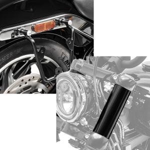 Set: Saddlebag support bracket fits for Harley Davidson Softail 18-24 left-right Craftride + Upper Front fits fork Cover fits for Harley Davidson Softail Street Bob 18-24 Slider Craftride GC2